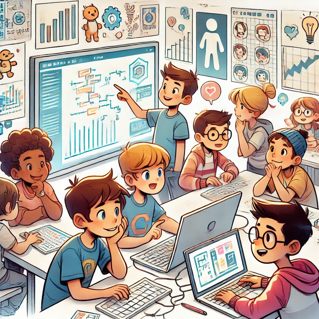 DALL·E-2025-03-26-14.38 Un groupe d'enfants assis autour d'un ordinateur, réfléchissant ensemble pour résoudre un problème de codage sur l'écran. L'ambiance