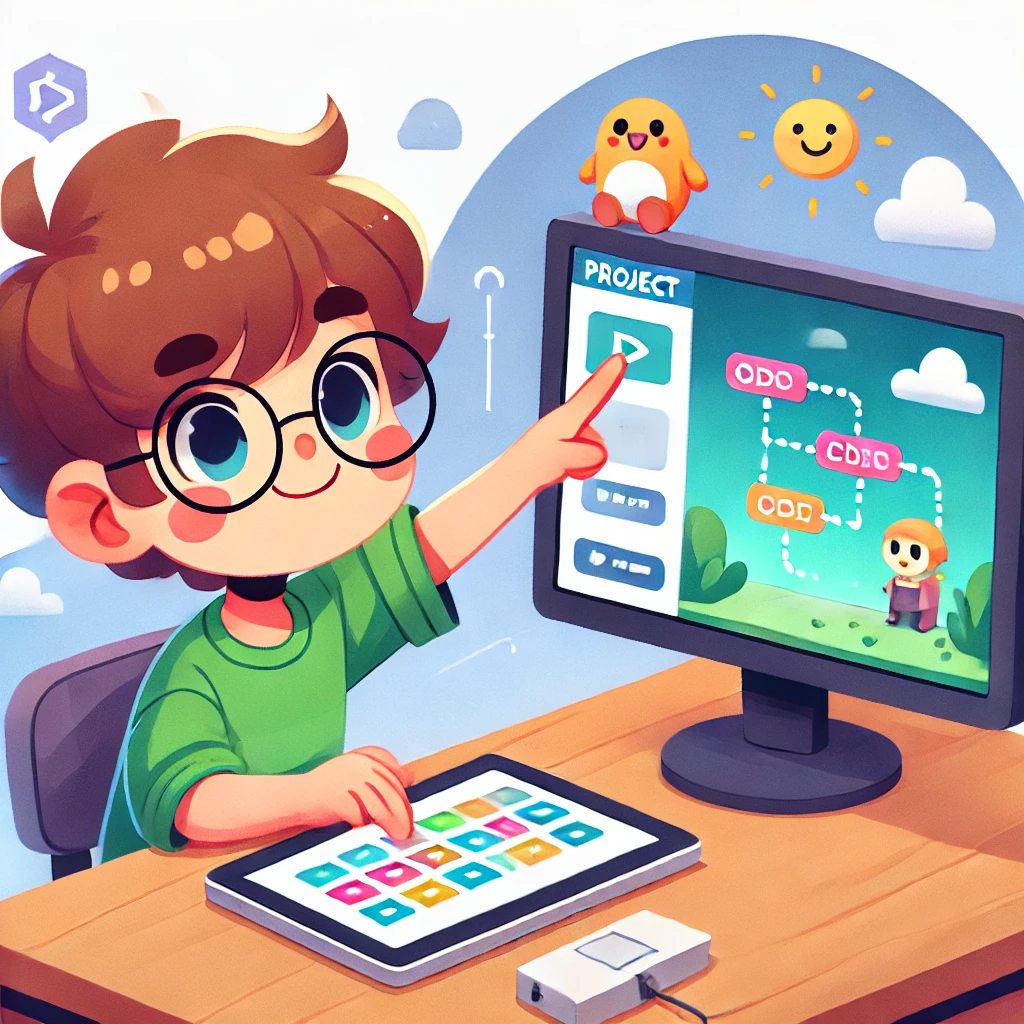  Illustration d'un enfant présentant fièrement un projet de codage qu'il a créé sur un ordinateur ou une tablette. 